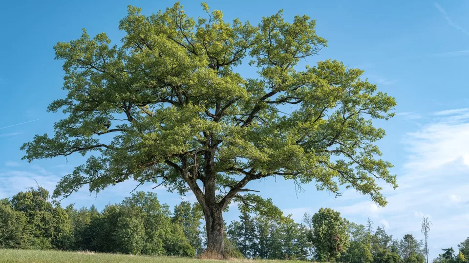A broad oak standing alone in an open field under a blue sky